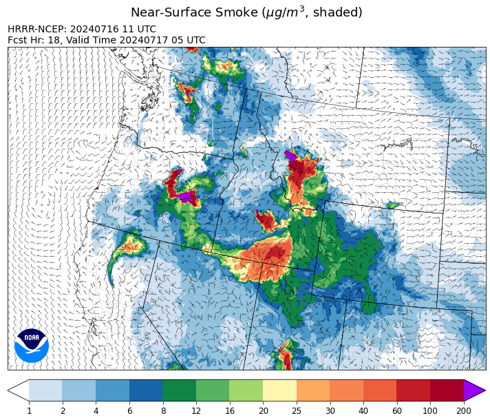 By late Tuesday night, the HRRR-Smoke model shows a large plume of heavy smoke coming off of the Miller Peak Incident, mixing with smoke from other regional wildfires.